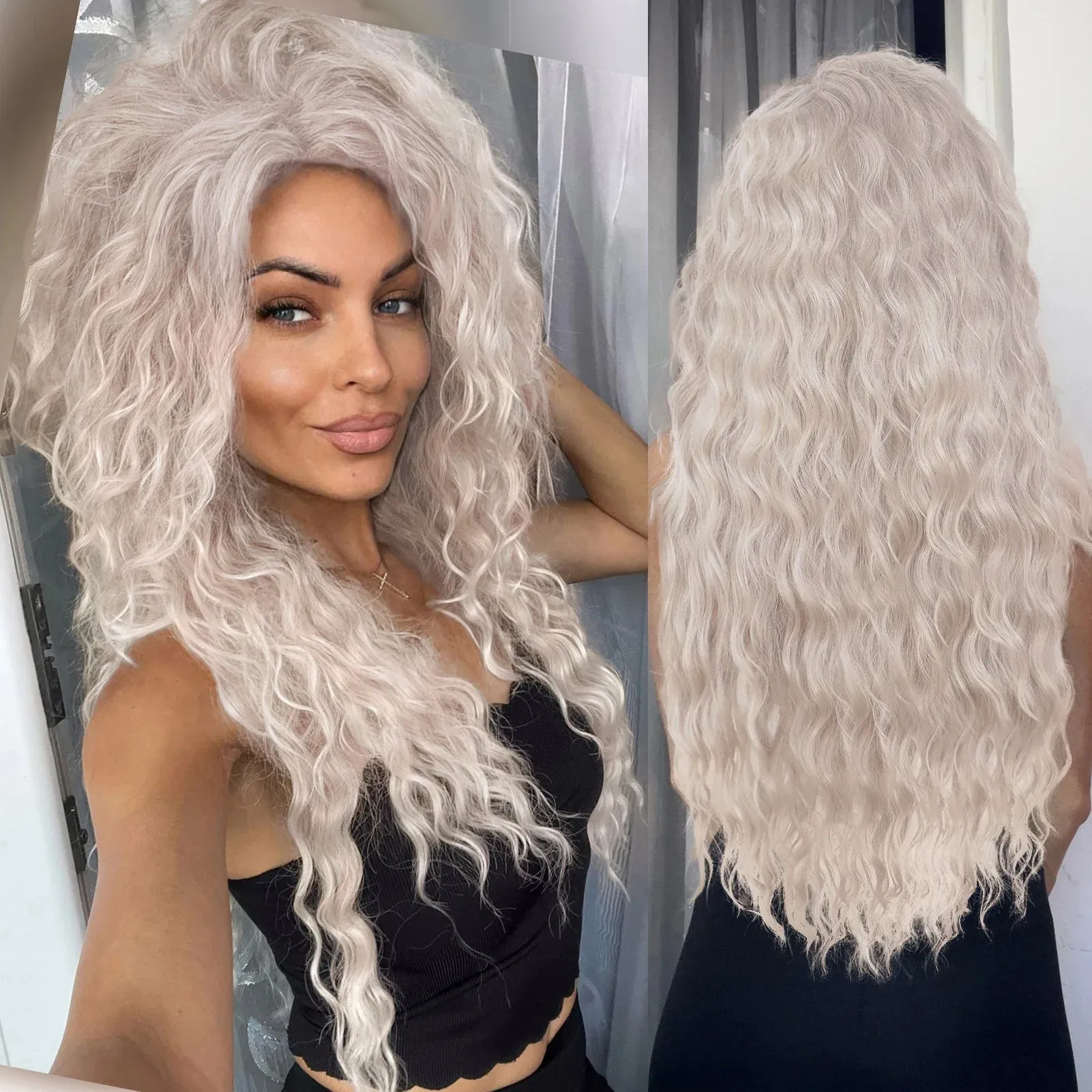 Synthetic Long Curly Wigs for White Women Ash Blonde Wig Natural Large Volume Wig Fluffy Hairstyle Costume Wedding Wig