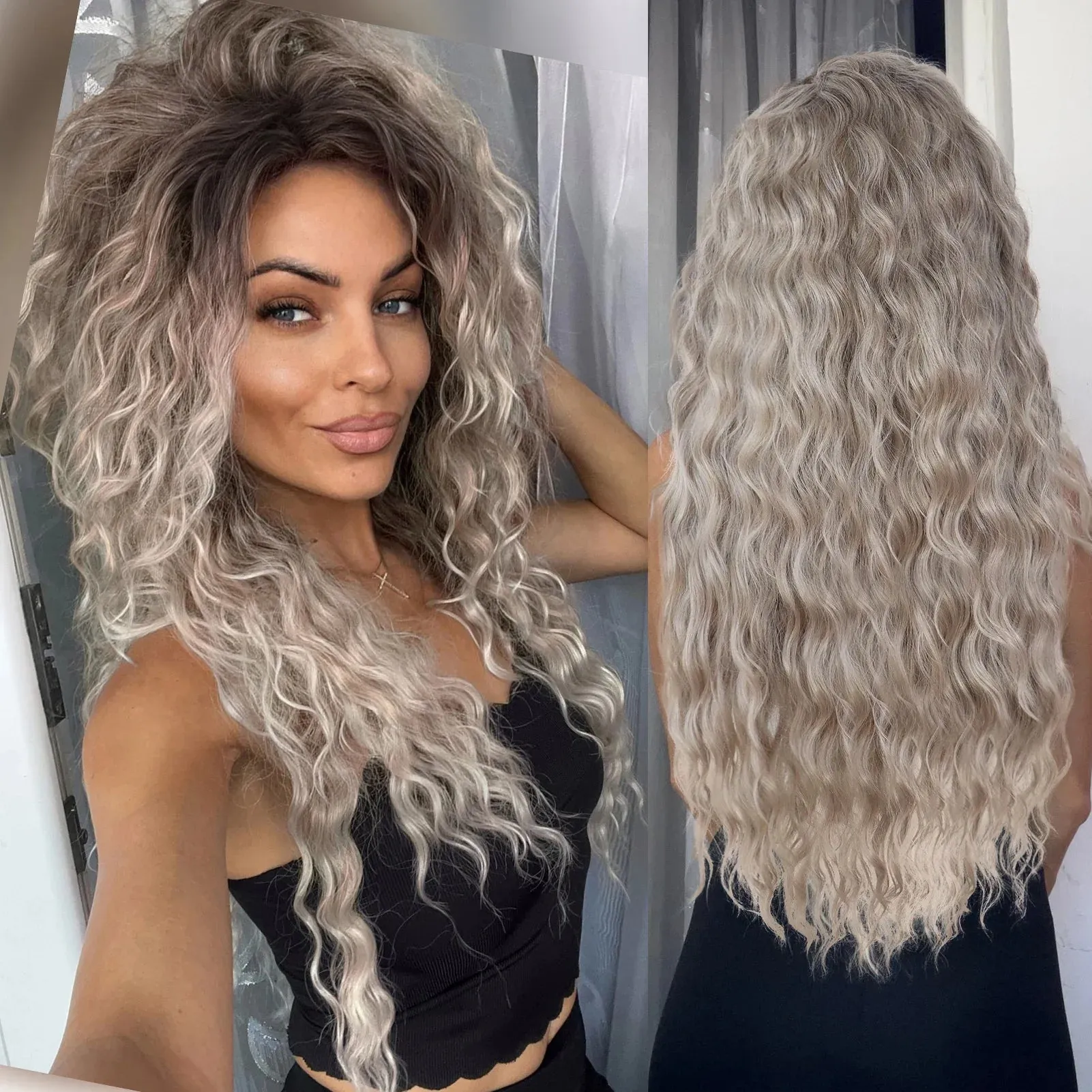 Synthetic Long Curly Wigs for White Women Ash Blonde Wig Natural Large Volume Wig Fluffy Hairstyle Costume Wedding Wig