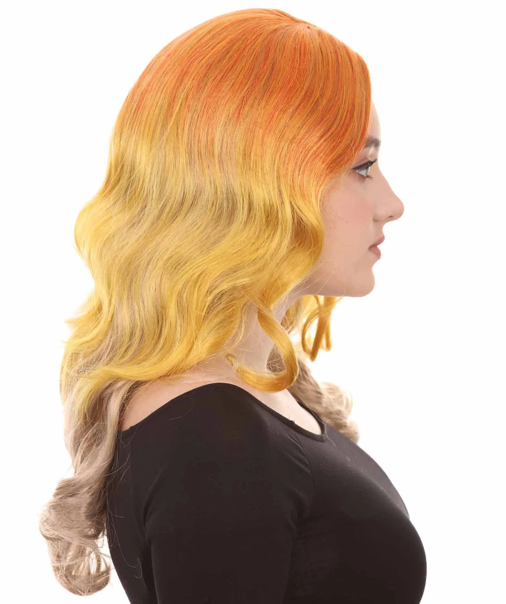 Two-Tone Long Wavy Orange Womens Wig | Sexy Cosplay Party Halloween Wig | Premium Breathable Capless Cap