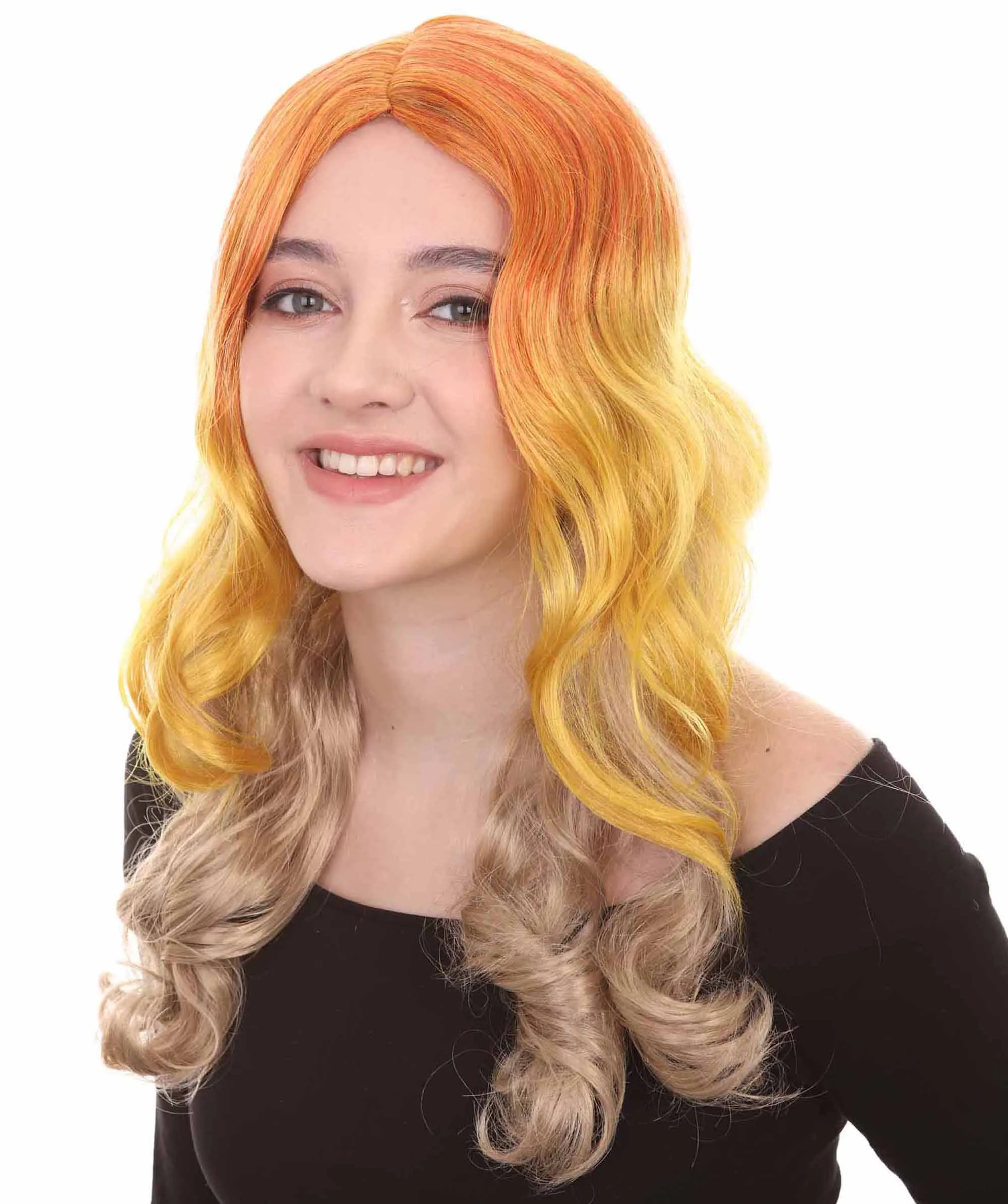 Two-Tone Long Wavy Orange Womens Wig | Sexy Cosplay Party Halloween Wig | Premium Breathable Capless Cap