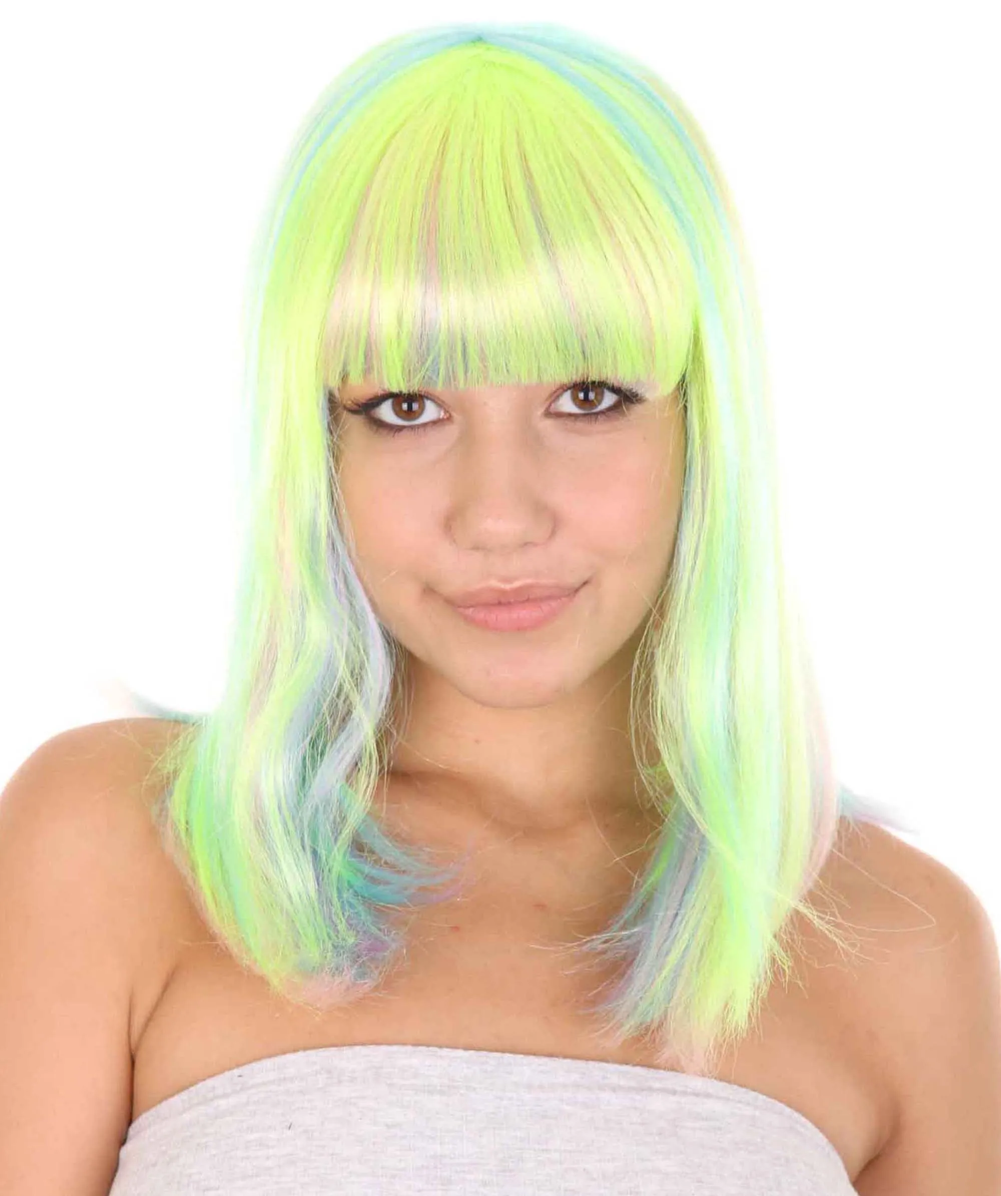 Womens Bob Wig | Medium Green Yellow Party Ready Fancy Cosplay Halloween Wig | Premium Breathable Capless Cap