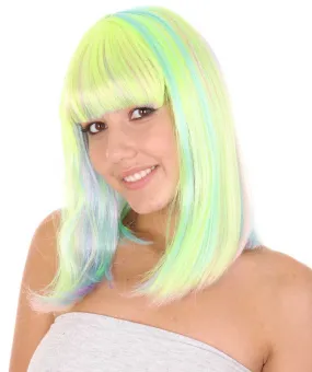 Womens Bob Wig | Medium Green Yellow Party Ready Fancy Cosplay Halloween Wig | Premium Breathable Capless Cap