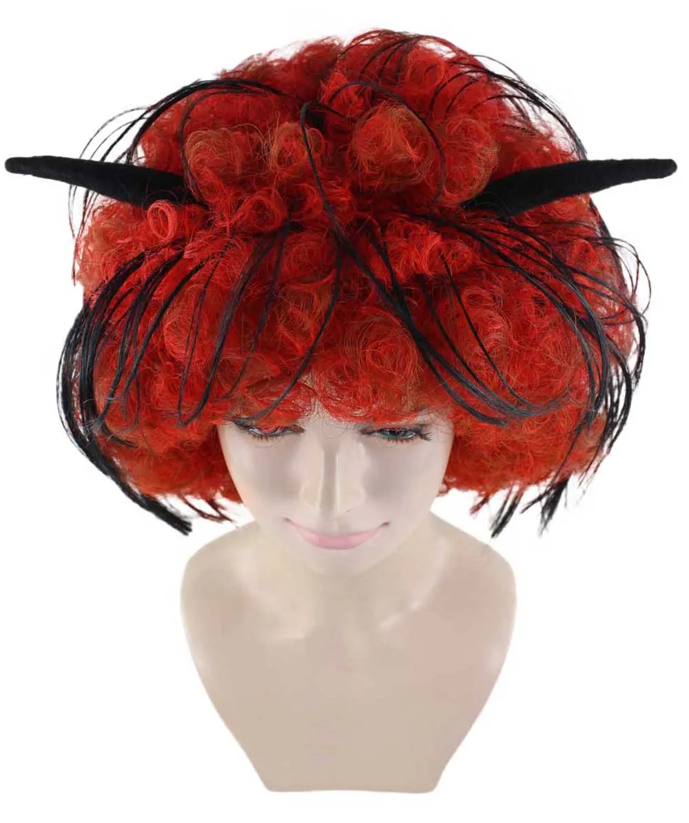 Women's Devil Wig with Horns | Jumbo Super Size Afro Almost Red Halloween Wigs | Premium Breathable Capless Cap