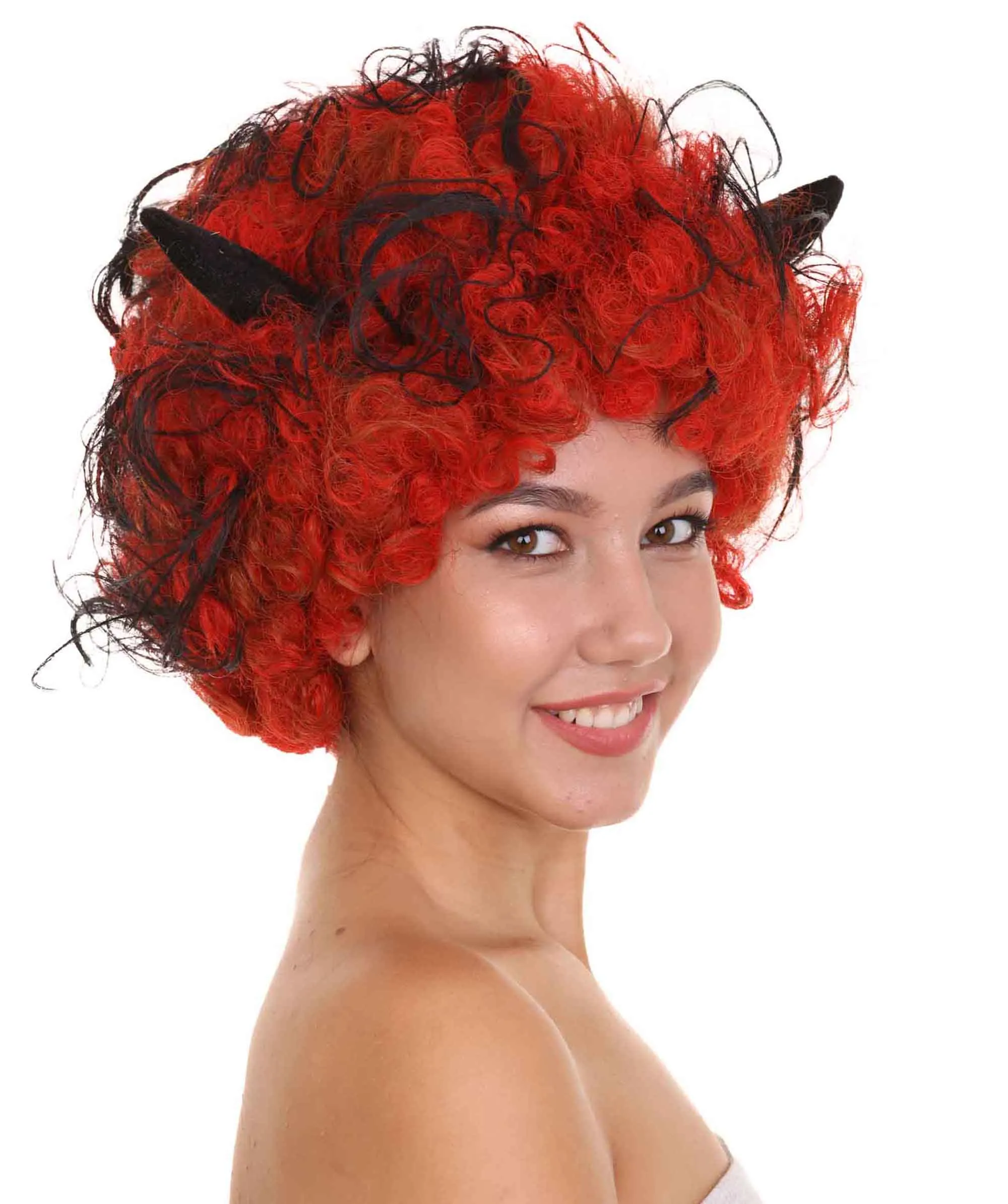 Women's Devil Wig with Horns | Jumbo Super Size Afro Almost Red Halloween Wigs | Premium Breathable Capless Cap