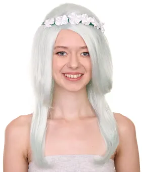 Womens Floral Fantasy Lt Green Wig with Flower Crown | Storybook & Fairytale Wigs | Premium Breathable Capless Cap