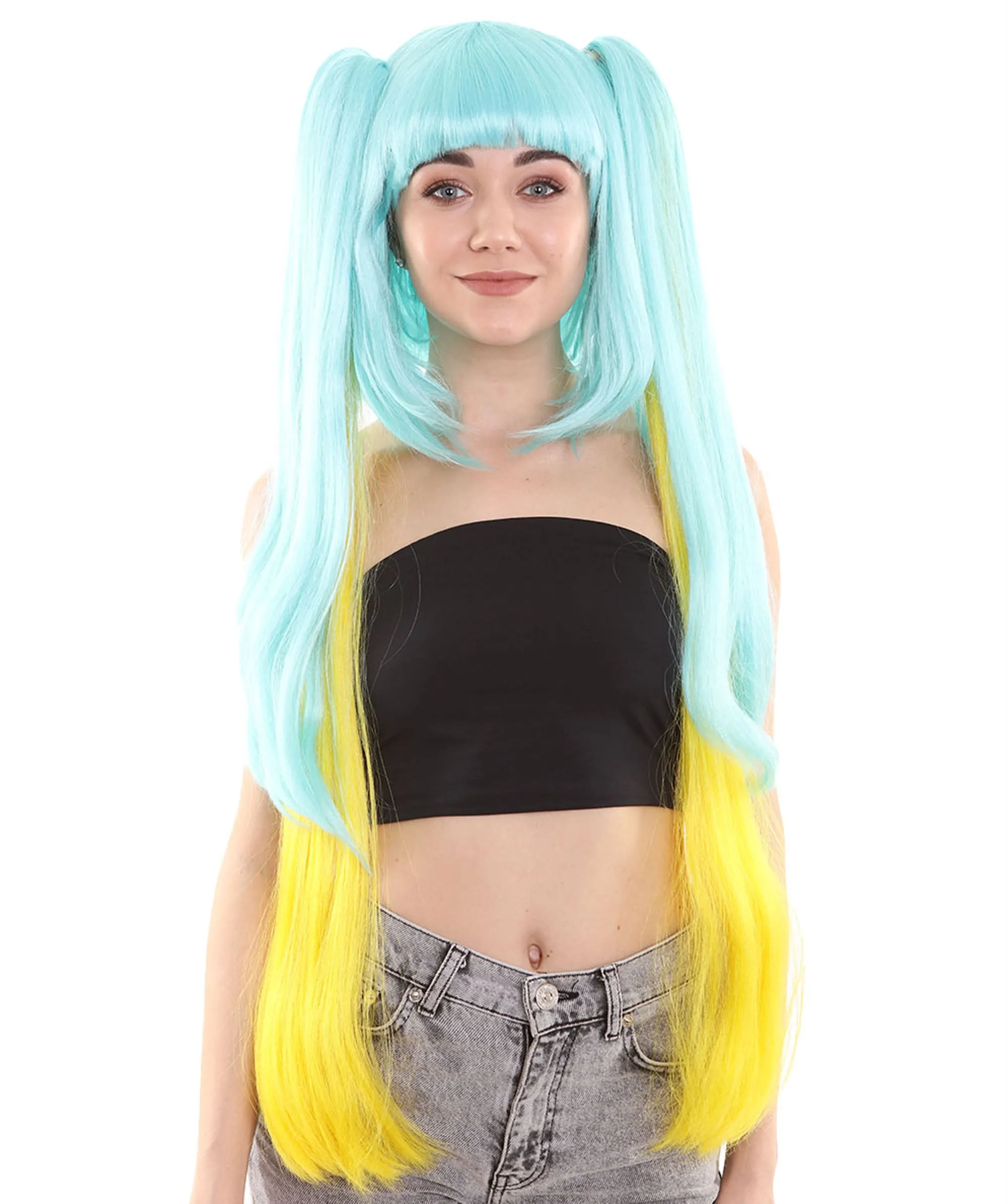 Womens Gaming Cosplay Wig , Blue & Yellow Video Game Wigs , Premium Breathable Capless Cap