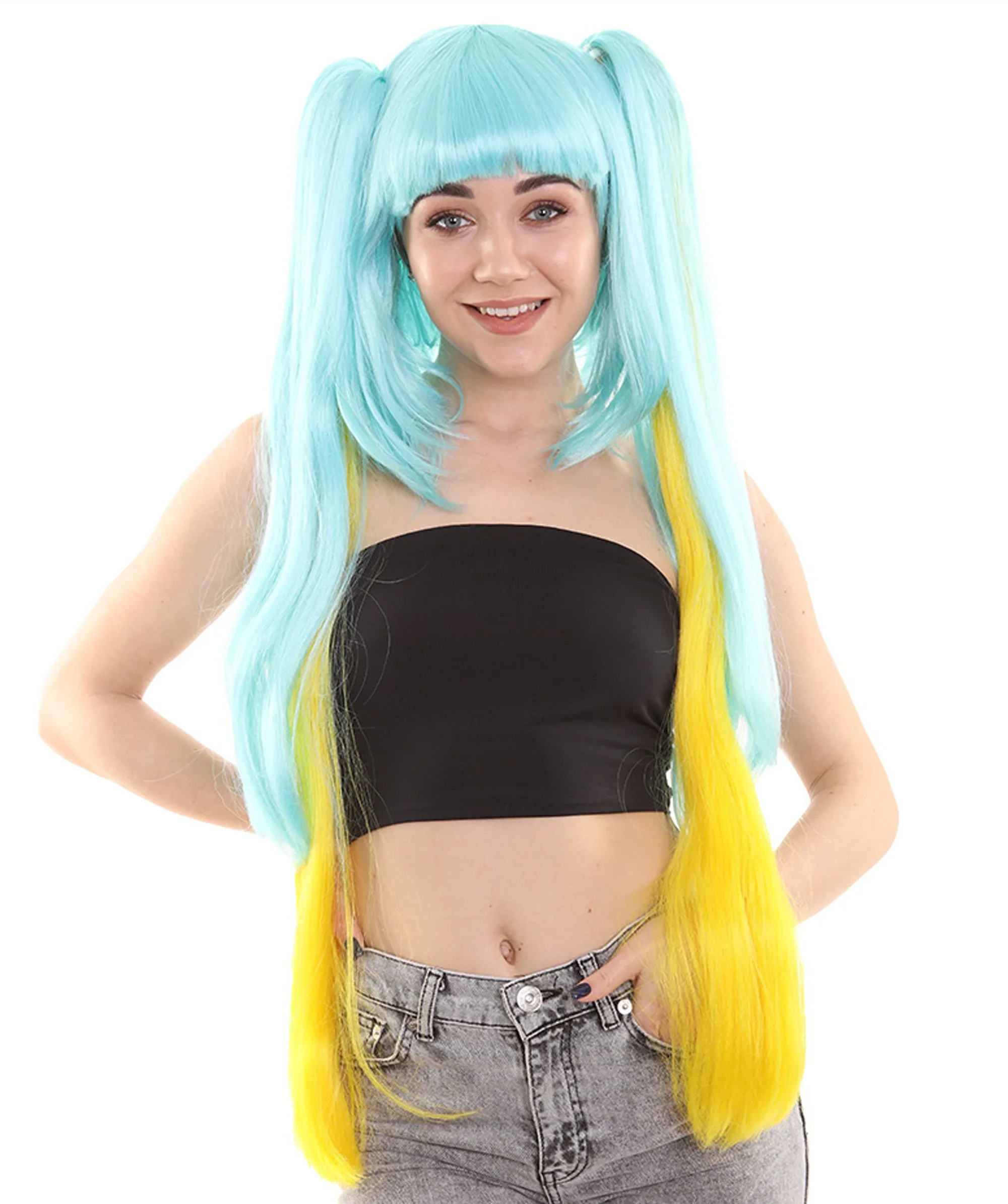 Womens Gaming Cosplay Wig , Blue & Yellow Video Game Wigs , Premium Breathable Capless Cap