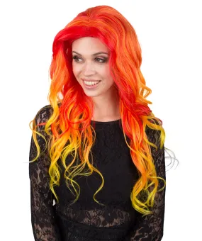 Women's Red and Yellow Color Wavy Long Length Trendy Flaming Beauty Wig